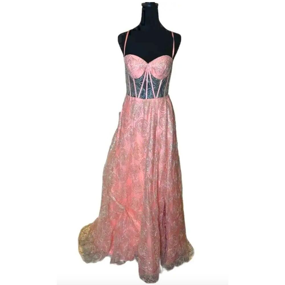 NWT Womens Lucci Lu Dress, 1277, Coral Pink, Rose Overlay, Illusion Bodice Sz 10 - Picture 1 of 10